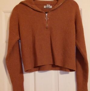 Brown  Ribbed V-Neck Cropped Sweater With Zipper By William Rast Size Medium